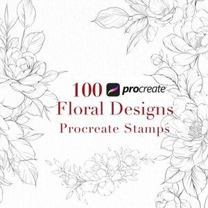 Floral stamp set with peony line-art flower designs for Procreate