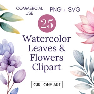 Watercolor botanical clipart bundle with flowers and leaves in soft pastel tones