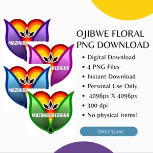 Ojibwe floral PNG set of 4, colorful butterfly-like flower icons with bold patterns