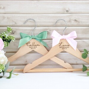 Personalized kids wooden wedding hangers with satin ribbon, engraved name and dates