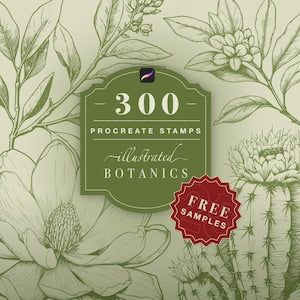 Botanical stamp pack cover with illustrated leaves and badge reading 300 Procreate Stamps