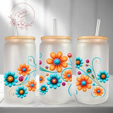 Retro Groovy Flowers 16 Oz Libbey Glass PNG, Libbey Can Wrap Sublimation PNG Design, Frosted Glass Tumbler Cup Digital Download Flowers PNG