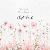 Watercolor Floral Clipart -  Soft Pink flowers png - Wildflowers floral clipart - Floral border set - Wedding clipart - Digital clipart PNG