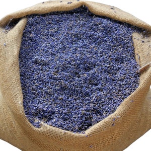 Organic culinary lavender buds, dried, in burlap bag