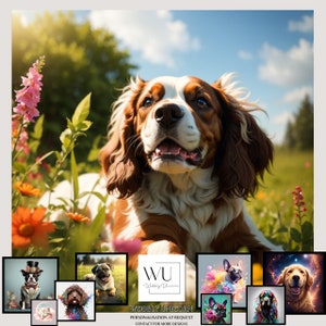 Cavalier King Charles Spaniel portrait print with sunflowers in a field