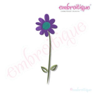 Machine embroidery flower design: purple petals with teal center and thin green stem