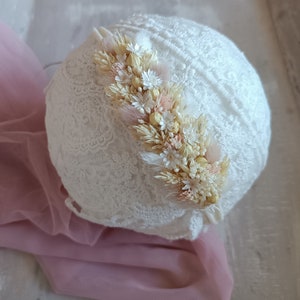 Baby girl cream nylon headband with dried beige floral garland