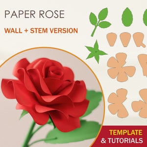 Red paper rose SVG template with petals and leaves cutout pieces for DIY craft