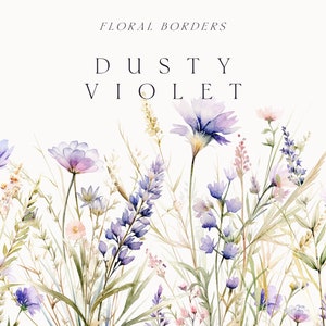 Watercolor wildflower border with dusty violet, purple, and white blossoms, floral clipart set