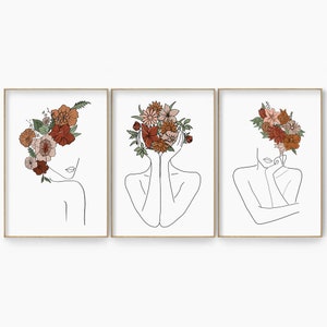 Set of 3 framed minimalist line-art portraits with floral head woman sketches