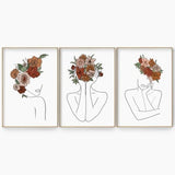 Flower Head Woman Line Art, Bedroom Wall Art Decor, Modern Minimalist Female Line Drawing, Flower Head Woman Art, Poster Sketch Set of 3
