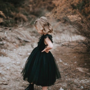 Black sleeveless tulle dress with full flared skirt, back view