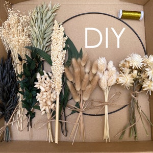 DIY boho wreath kit with dried flowers and grasses bundle assortment