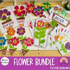 Flower bundle printable worksheet set with colorful flower and petal designs