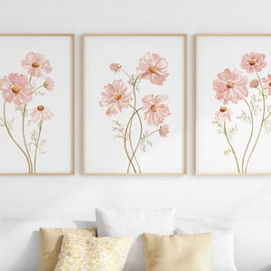 Set of 3 framed watercolor wildflower prints with soft pink flowers and minimal stems