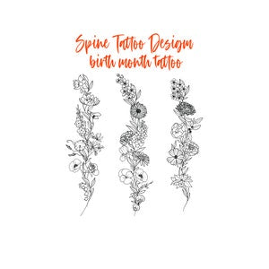 Minimalist spine tattoo design sheet with vertical line-art flowers and branches