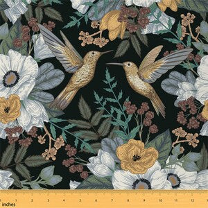 Dark floral botanical sewing fabric with hummingbirds and layered vintage flowers