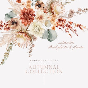 Autumn dried flower clipart with taupe, terracotta, and orange blooms and leaves
