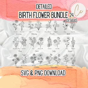 Birth flower bundle of 24 botanical line art SVG/PNG designs on white sheet