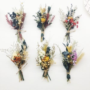 Small dried flower bouquet set of five bundled twine, mixed dried blooms