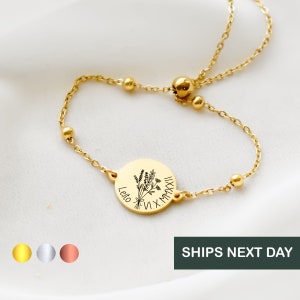 Gold-tone birth-flower charm bracelet with engraved round pendant and beaded chain