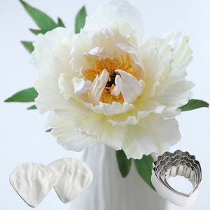 White peony flower decoration with silicone cutter mold and veiner for clay and fondant