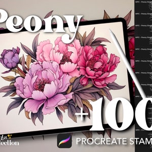 Pink peony and floral botanical stamp set for Procreate, with bouquet illustration