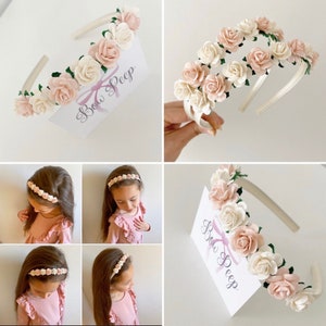 Small pastel rose flower headband with leafy accents for hair accessories