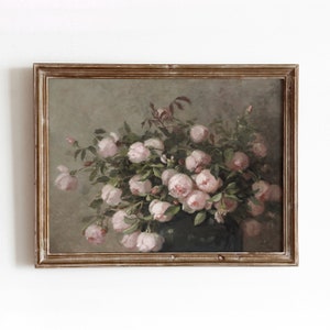 Framed vintage rose bouquet painting with soft pink and white flowers