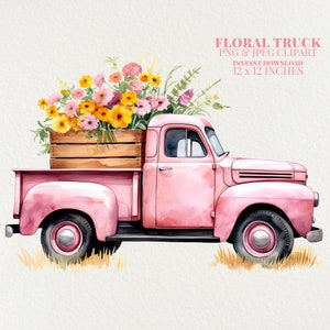 Watercolor floral pickup truck with pink body and yellow flowers in the bed