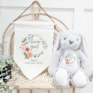 Personalised flower girl hanging sign with floral wreath and plush grey bunny toy