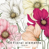Cosmos flowers water colors, flower elements,  floral arrangement, gift, invite card, Digital floral clipart PNG, Digital download