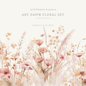 Watercolor wildflower clipart set with dried plants, pink and cream bouquets and borders