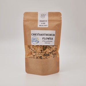 Dried chrysanthemum flower tea in brown paper pouch, sealed