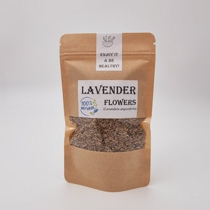 Dried lavender flowers in kraft stand-up pouch with window label