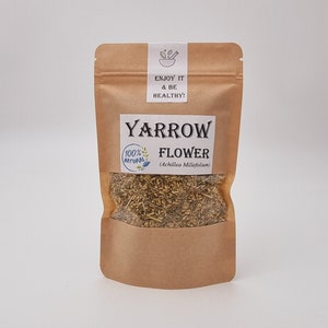 Dried yarrow flower stand-up pouch, light brown herb mix