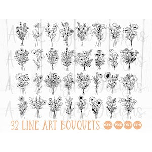 Bouquet svg bundle | flowers svg png hand drawn | floral svg | wildflowers svg | minimalist bouquet svg | botanical svg | field plants svg