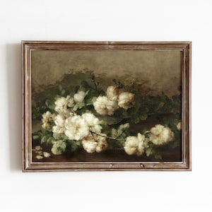 Framed botanical oil painting with white clustered flowers on a dark green background