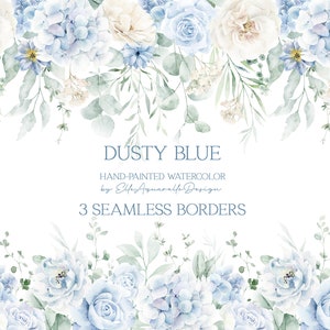 Watercolor floral border with dusty blue roses, hydrangeas, and soft green leaves.