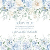 Watercolor floral border, dusty blue floral clipart, watercolor flowers clipart, seamless border, blue creamy flowers watercolor