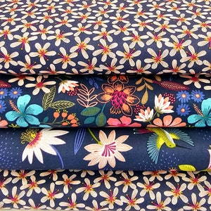 Cotton fabric bundle with navy base, multicolor hummingbird and floral prints