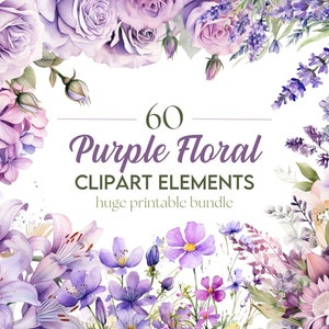 Purple floral clipart bundle cover with 60 lilac flower elements and watercolor accents