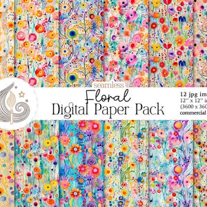Floral seamless watercolor digital paper with multicolor flowers and butterflies pattern sheets