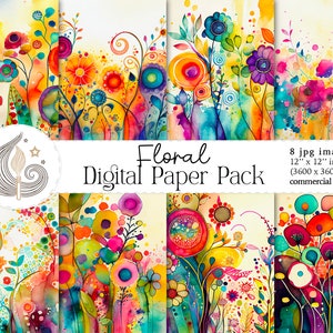 Watercolor floral digital paper pack, colorful multi-pattern sheets for scrapbooking
