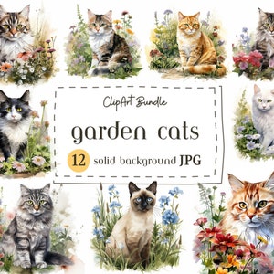 Watercolor garden cat digital paper featuring 12 cat illustrations with flowers