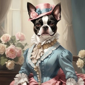 Boston Terrier art print featuring a dog in a Victorian outfit and top hat