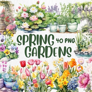 Watercolor spring garden clipart with potted flowers and colorful blooms, spring theme set