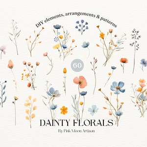 Watercolor wildflower clipart set with assorted stems, blooms, and leaves