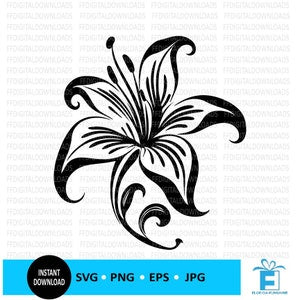 Black and white lily flower clipart design with curling ornamental stems