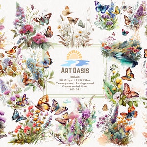 Watercolor butterfly and floral botanical clipart bundle of 20, PNGs on transparent background
